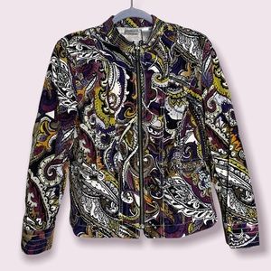 CHICO'S SZ 0 PAISLEY COTTON JACKET BLAZER  CORDUROY ETHNIC PURPLE FULL ZIP